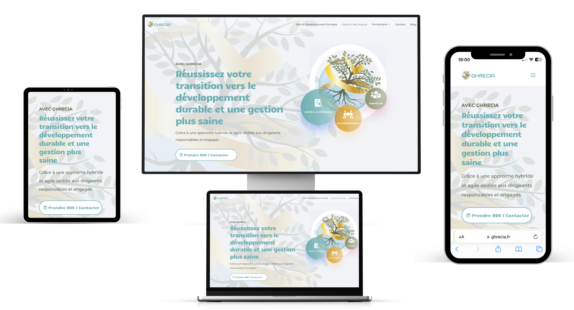 Création d'un site internet ecoconcu responsive design, mobile first et optimisé SEO de GHRECIA cabinet conseil et formation en RSE et gestion des risques par l'agence NETECOM